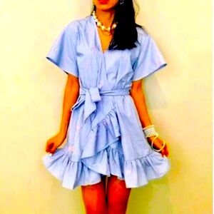 NWT ROMEO + JULIET COUTURE Embr Flamingos Wrap Mini Dress Blue\White Pinstripe L